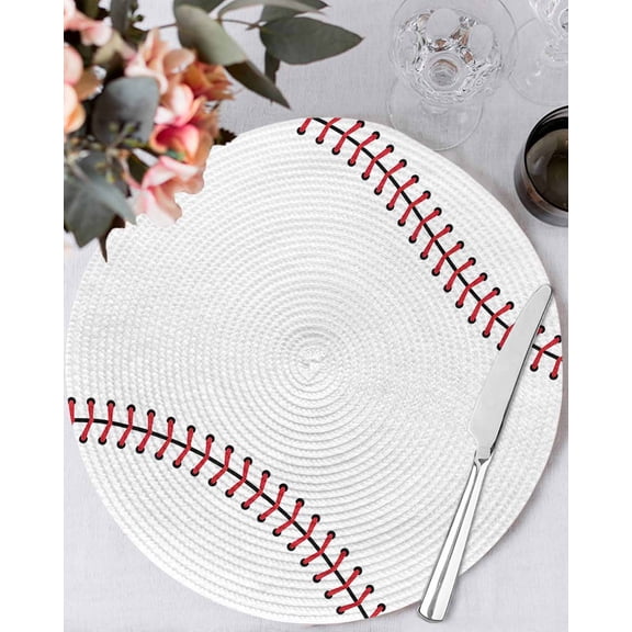 15 Inch Round Placemats Set of 4, Baseball Non Slip Heat Insulation PP Table Mats, Modern Minimalist Red Lines Washable Place Mats for Kitchen Dining Party Table Decor