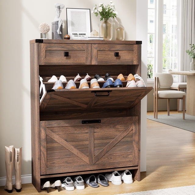 Vabches Shoe Storage Cabinet with 2 Filp Drawers and 2 Drawers, Farmhouse Slim Shoe Cabinet for Entryway, Rustic Brown