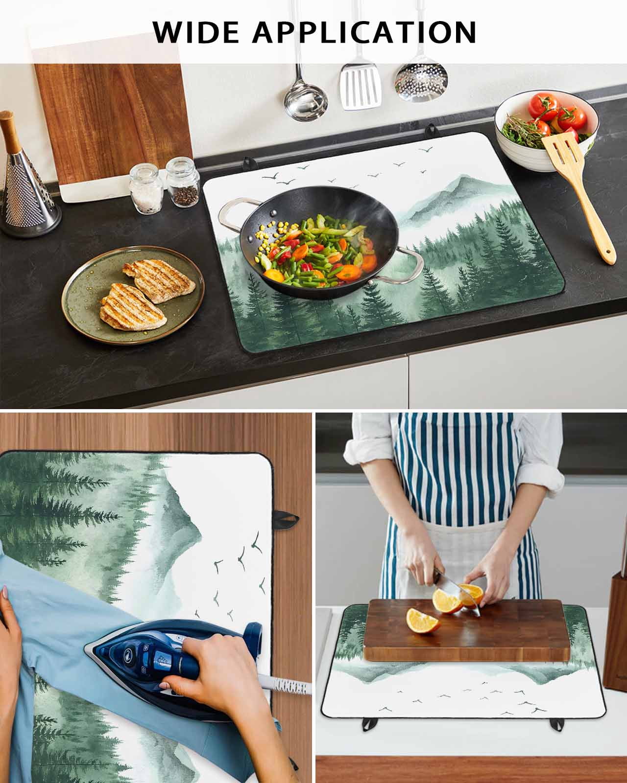 nqOlkjepod Large Induction Cooktop Protector Mat 36"x21", Green Foggy Forest Stove Top Covers for Electric Stove, Mist Mountain Trees Nature Scenery Stove Burner Cover Mats, Glass Top Stove Cover