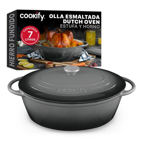 Olla de Hierro Fundido Esmaltado para Horno y Estufa Cookify (Gris, 35 cm, Capacidad 7 Litros)