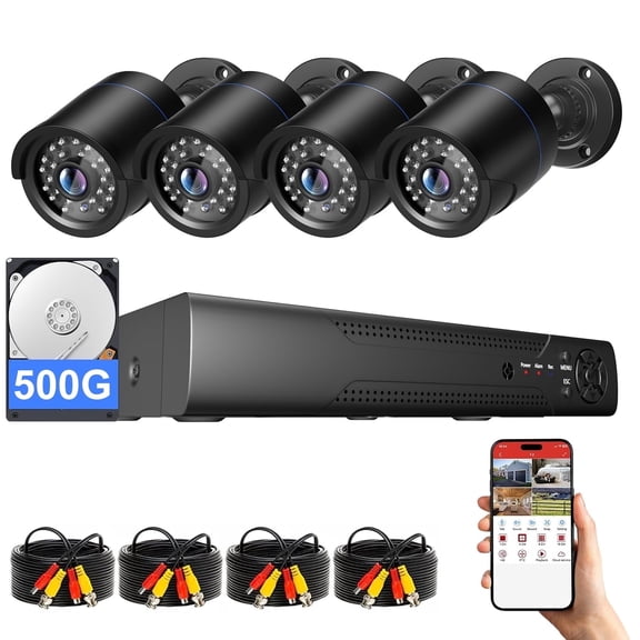 Wired Security Camera System Outdoor, 4CH 5MP Lite AHD DVR with 500G Hard Drive, 4 x 5MP Wired CCTV Camera, Indoor/Outdoor Surveillance DVR Kit with Human Detection, Night Vision,