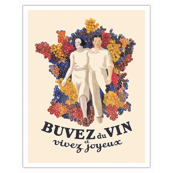 Drink Wine and Live Joyfully (Buvez du Vin et Vivez Joyeux) - Vintage French Advertising Poster by Leonetto Cappiello c.1933 - Fine Art Matte Paper Print (Unframed) 11x14in