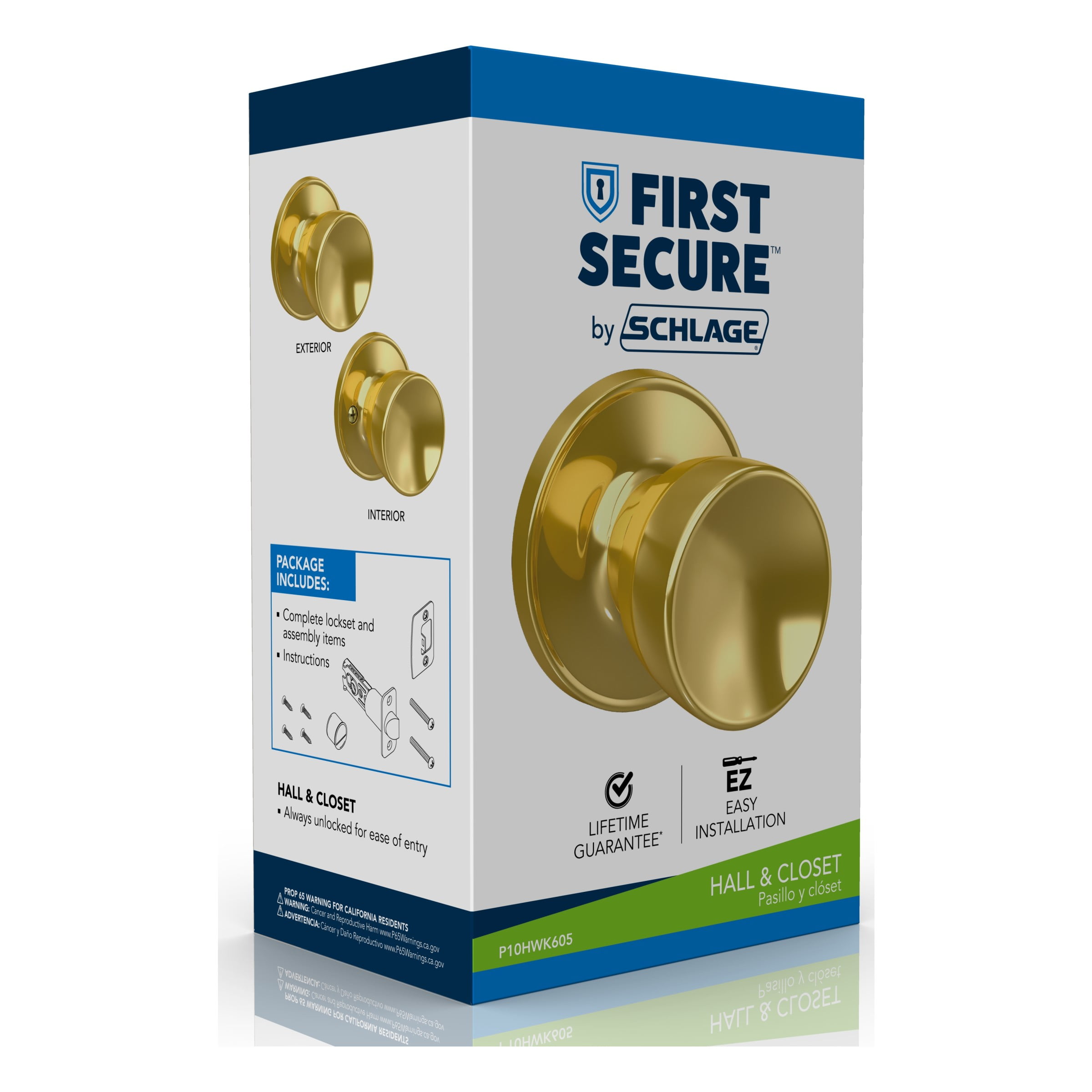 First Secure by Schlage Hawkins Knob Hall and Closet Lock in Antique Brass