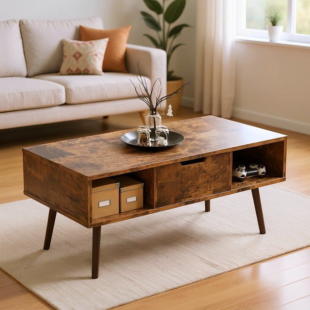 VERDALAY Mesa de centro de madera con cajón de almacenamiento y estantes abiertos Mesa de centro de estilo industrial retro para salón sala de recepción oficina o estudio Color marrón rústico