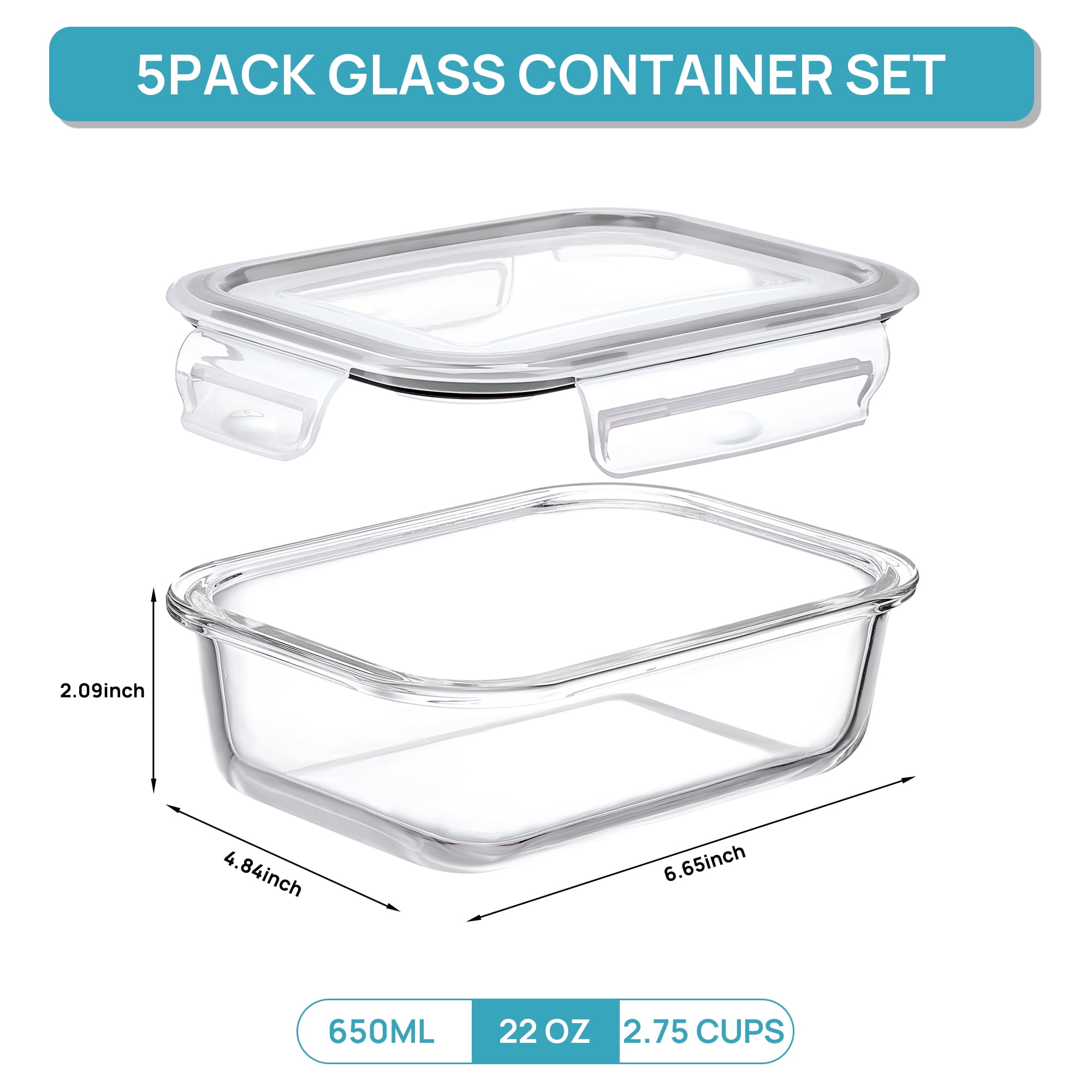 Sindcom 5Pack 22oz Glass Storage Containers with Lids, Glass Meal Prep Food Container Sets with Snap Airtight Lids for Microwave, Oven, Freezer and Dishwasher