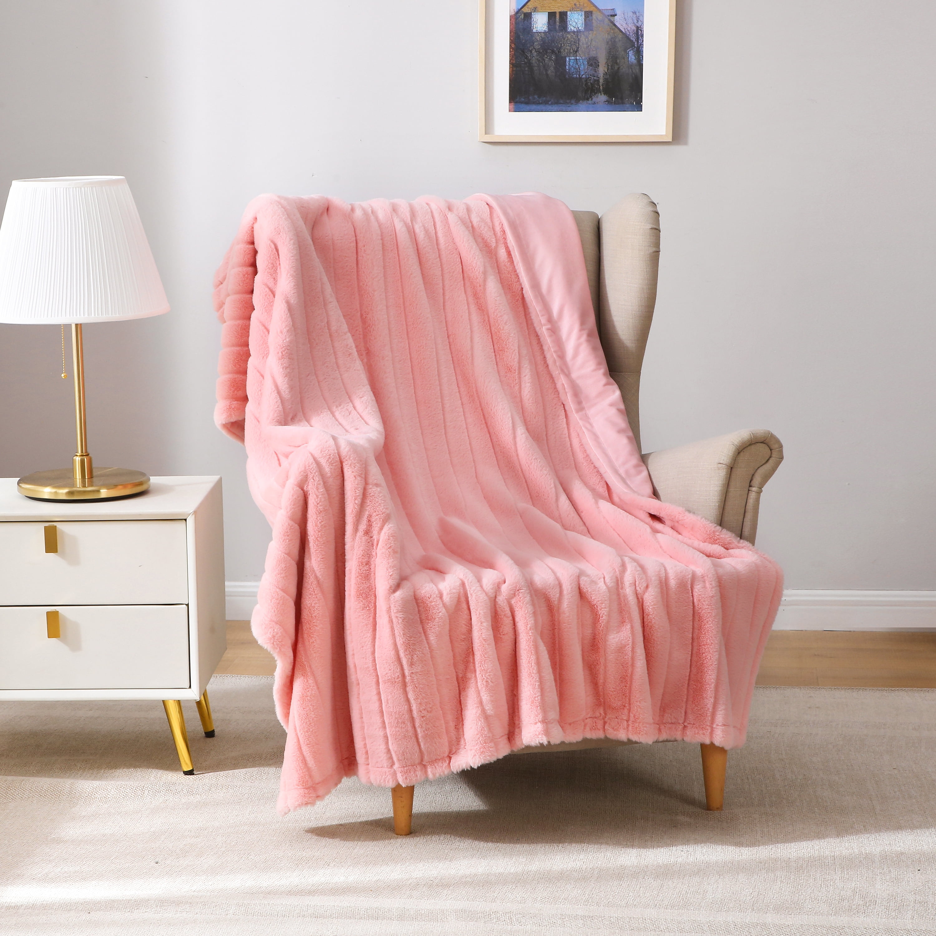 Mainstays Striped Faux Fur Couch Throw Blanket, Pink, 50 x 60 in