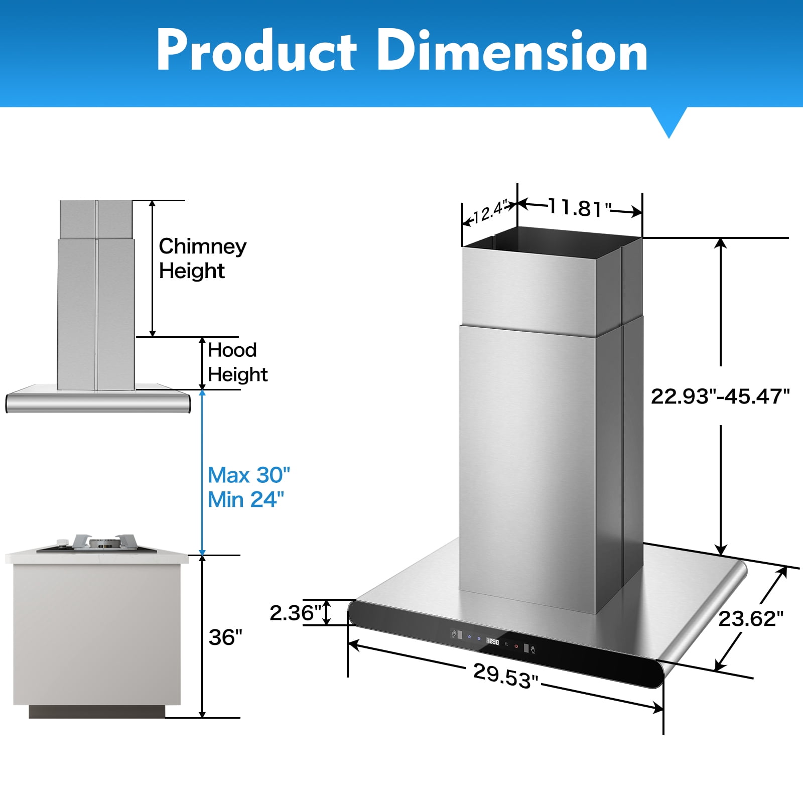 Joeaonz 30" Ventless Island Range Hood, Stainless Steel, 700 CFM, LED Light, Gesture/Touch/Remote Control