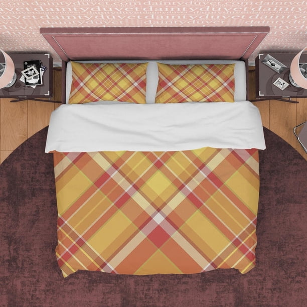 Amarillo Naranja Geométrico A cuadros Funda Nórdica, Plaid Diagonal Juego de Cama