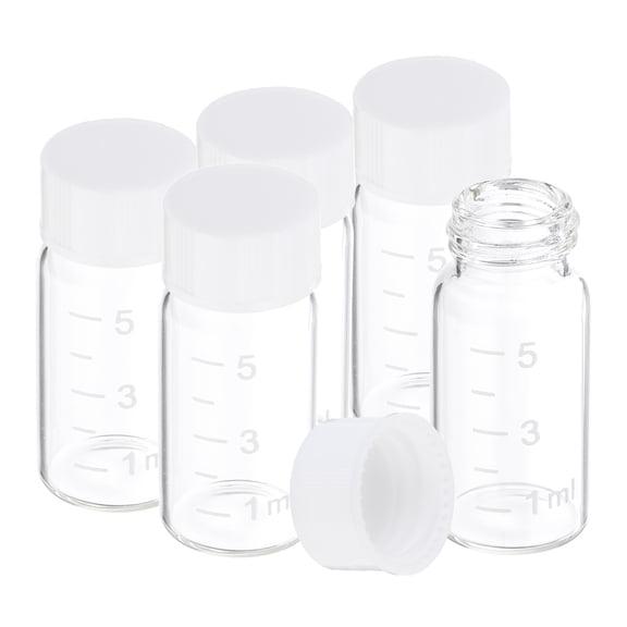 Uxcell Small Glass Sample Bottles with Lids, 5 pcs 5ml Clear Glass Vials with White Screw Caps Mini Leak Proof Reagent Sealed Bottles with Scale for Solid Liquid Powder Storage