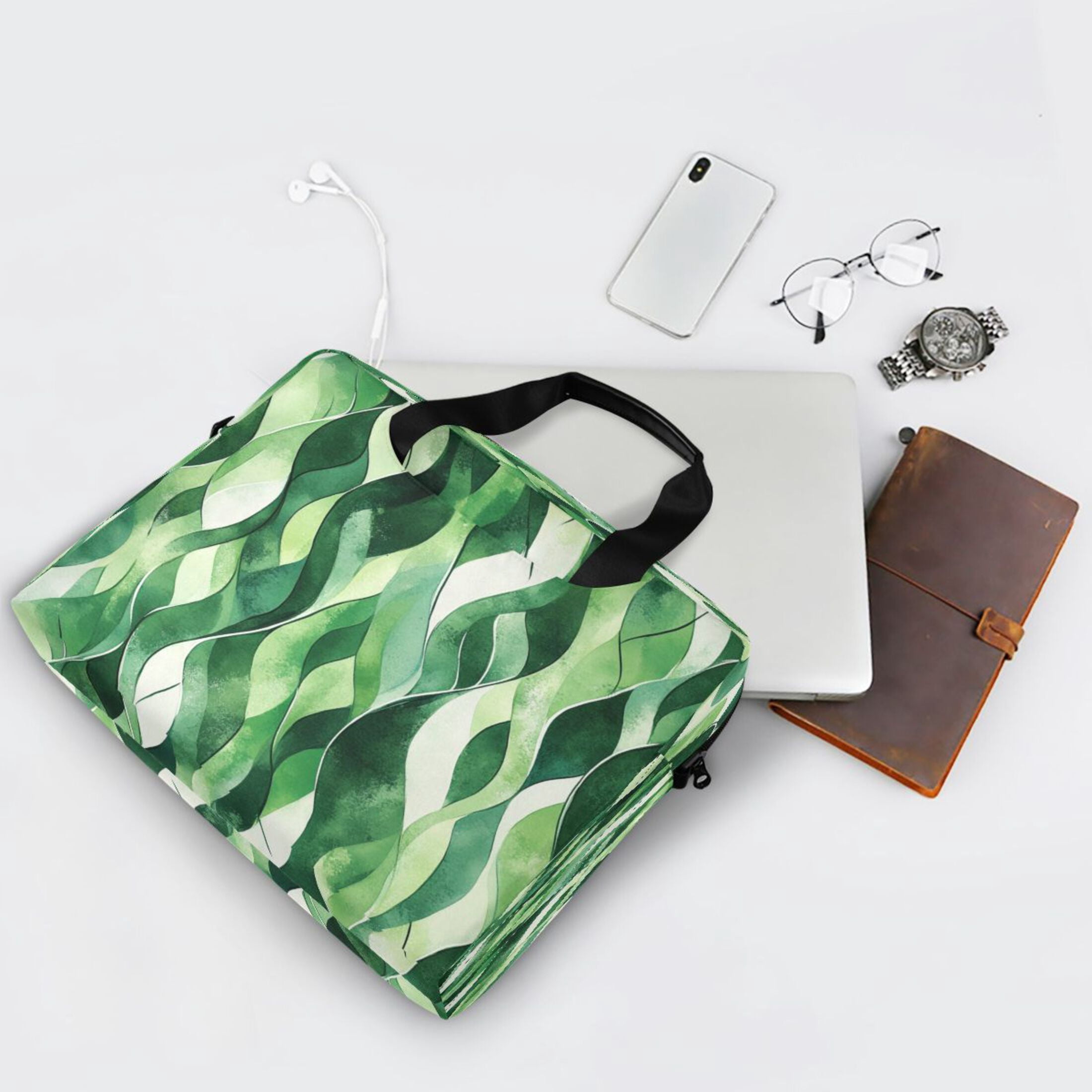 16" Laptop Tote Bag Laptop Sleeve Case Computer Briefcase for Work & Travel Watercolor Green Wavy Lines
