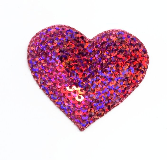 Heart Iron On Applique Patch Valentines Day Love Pink W//Silver Sequins
