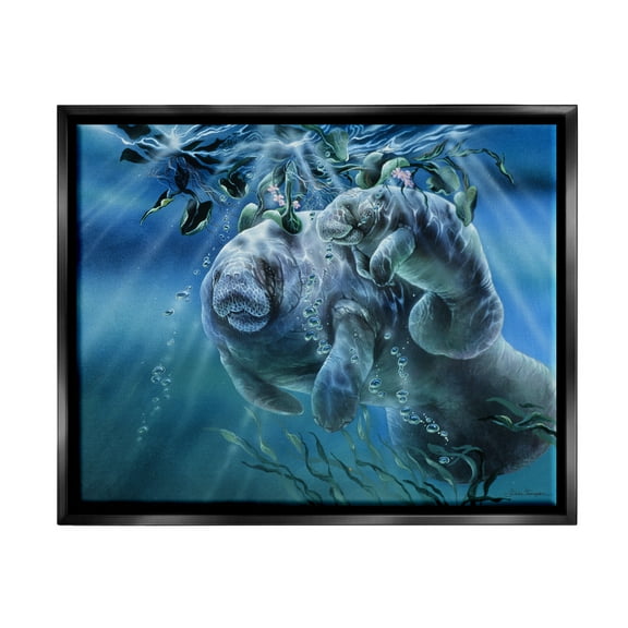 Stupell Industries Manatees Underwater Sun Rays Coastal Painting Black Floater Framed Art Print Wall Art