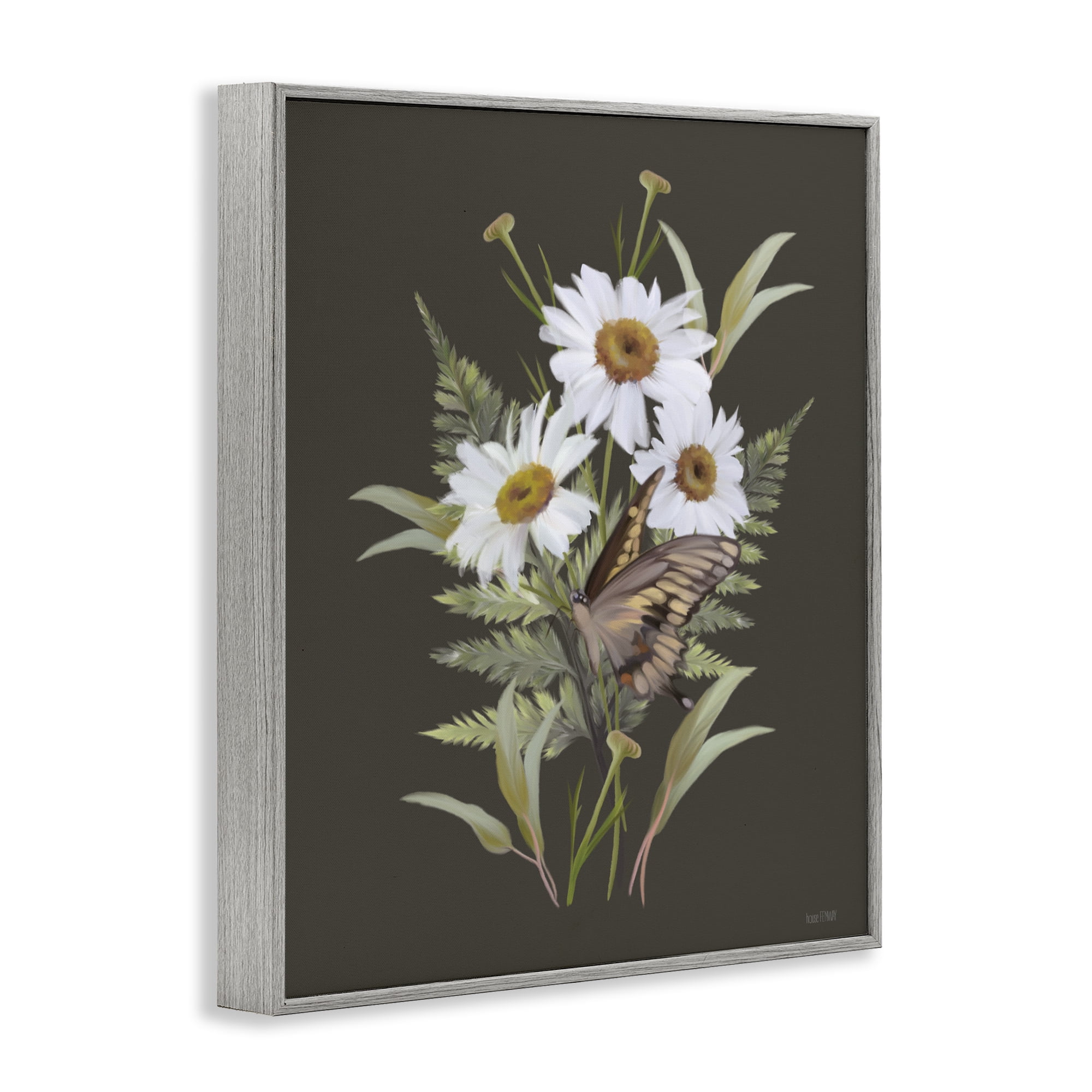 Stupell Industries Daisy Bouquet with Swallowtail Gray Framed Giclee Art, design by House Fenway