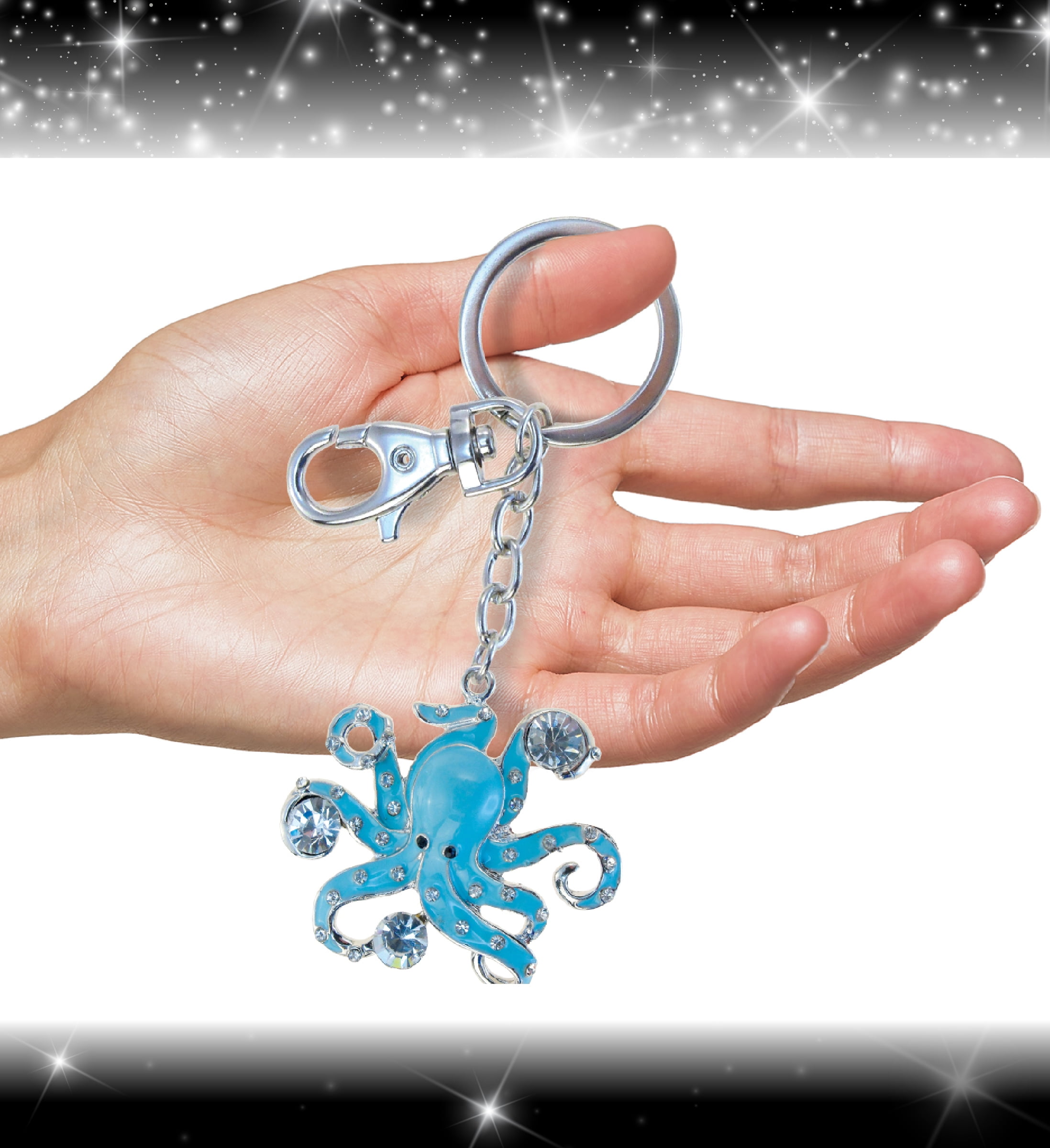 Blue Crystal Octopus Key Chain with 3 Sea Life Charms/ 3/D on Top/ Silver tone 