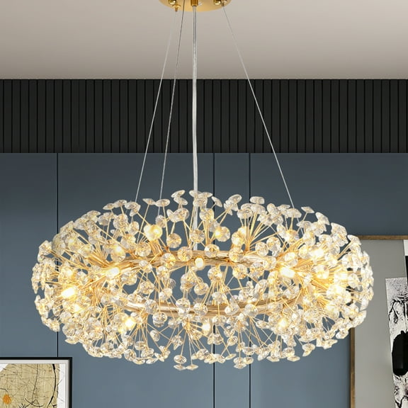 24" Modern Gold Crystal Chandelier, 12-Light Firework Crystal Ring Chandeliers, Round Dandelion Chandelier, Ceiling Pendant Light Fixtures for Dining Room