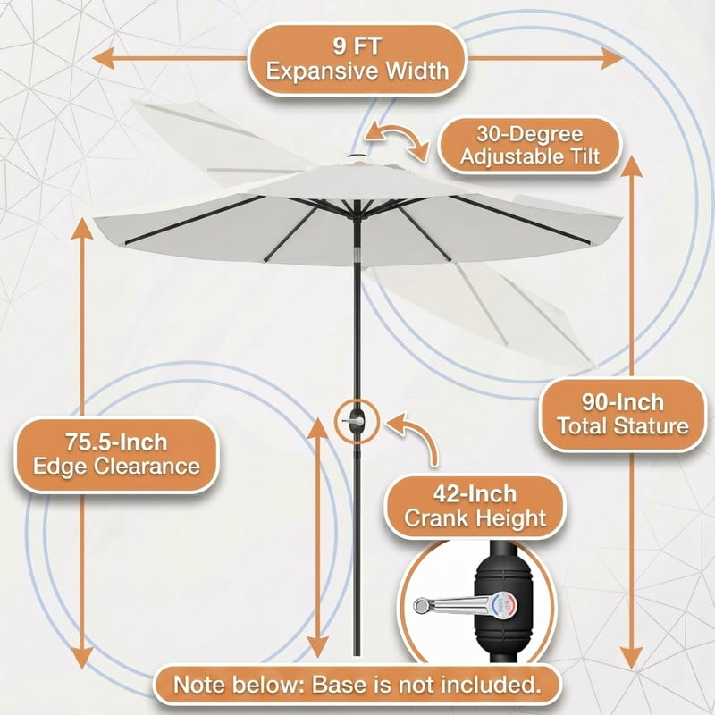 Lacoo 9' Outdoor Patio Umbrella, Market Table Umbrella with Push Button Tilt, 8 Heavy-Duty Steel Ribs & Wind Vents, White
