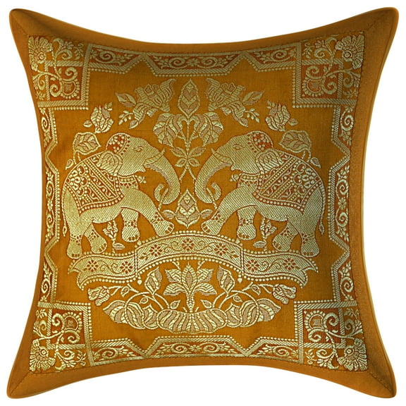 Stylo Culture Indian Zippered Brocade Mustard Yellow And Gold Throw Pillow Covers 12x12 Jacquard Weave Banarasi Couch Pillow Covers Elephant Floral 30x30 cm Cushion Covers (1 Pc)