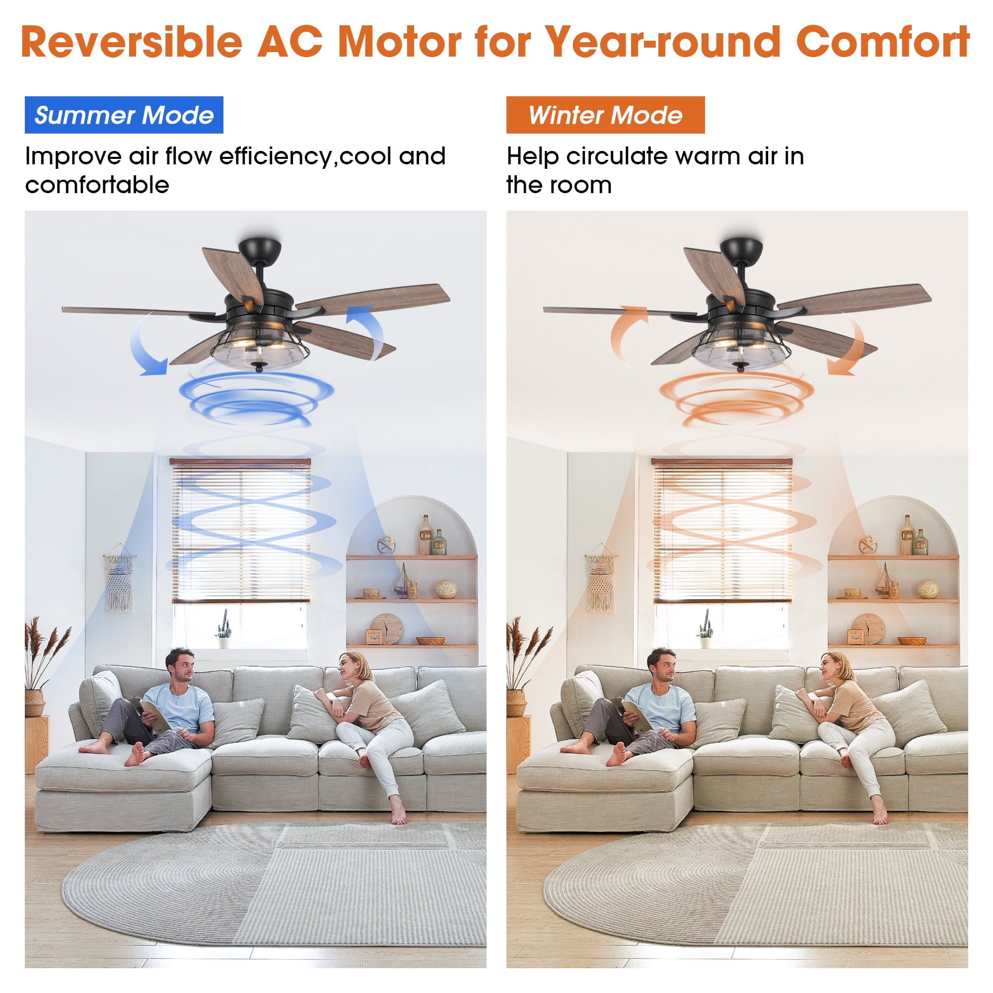 Parrot Uncle 52" Rustic Black Caged Ceiling Fan with Lights and Remote Control, Glass Shade Chandelier Ceiling Fan