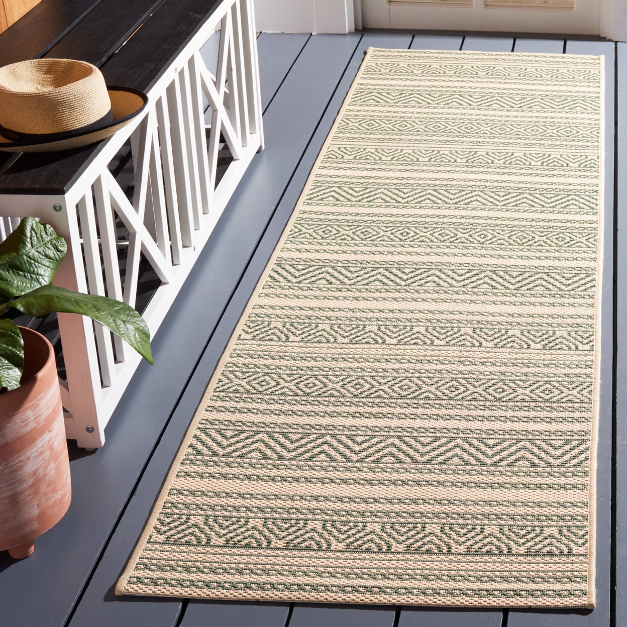 SAFAVIEH Courtyard Seanna Striped Indoor/Outdoor Area Rug, Beige/Dark Green, 9' x 12'