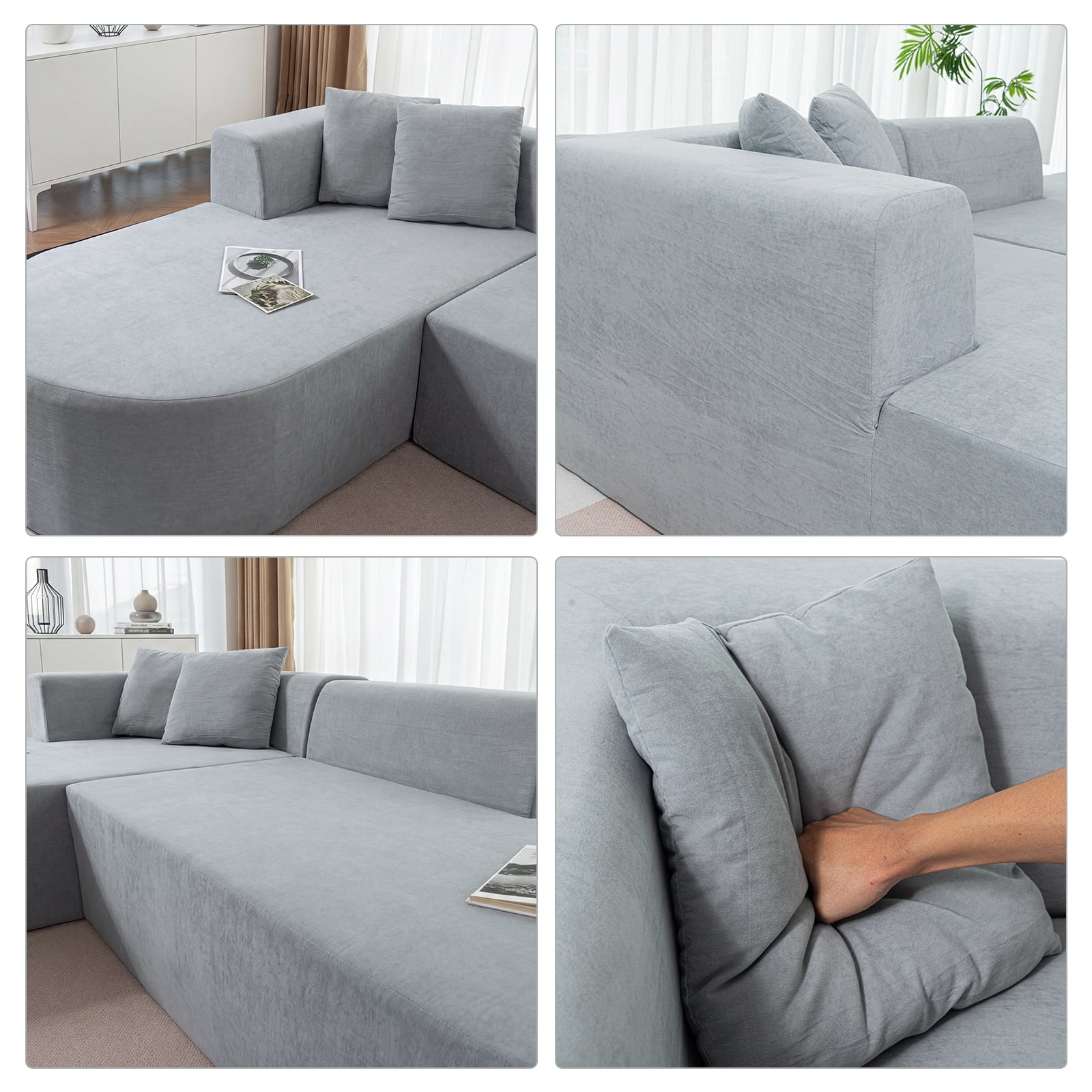 GARITIN L Shaped Modular, Corduroy Armless Couch with Deep Seats & Movable Sectional Sofa Ottoman Fabric, High-Resilience Foam, 107", Grey