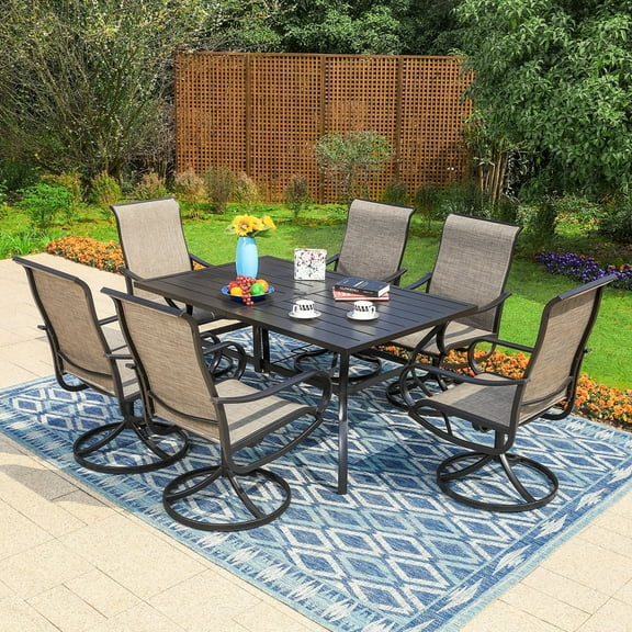 Sophia & William 7 Piece Metal Outdoor Patio Dining Set Outdoor Furniture Set with 1 Steel Retangular Table & 6 Textilene Swivel Chairs,Black