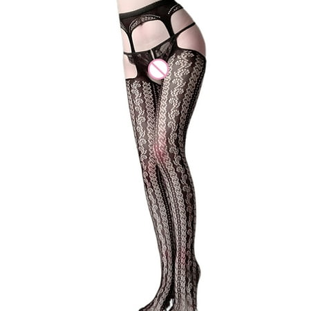 

Women Sexy Open Crotch Fishnet Pantyhose Lingerie Striped Jacquard Patterned Tights Hollow Out Sheer Mesh Suspender Garter Belt Stockings