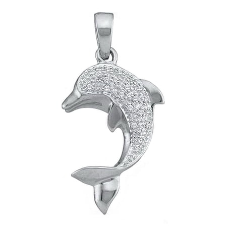 Dolphin Pendant 10kt White Gold Womens Round Natural Diamond 1/10 Cttw 30X15.5mm, bail 3mm.