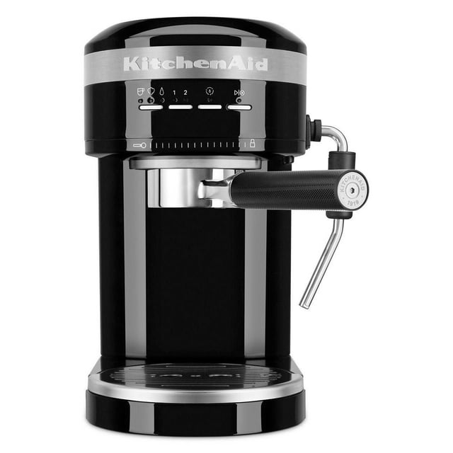 KitchenAid black metal semi-automatic espresso machine featuring control buttons, a portafilter handle, and a steam wand for frothing milk.
