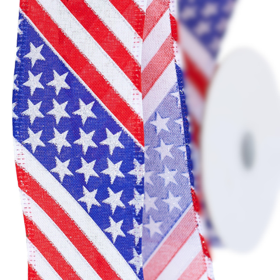 Red, White, and Blue Stars and Stripes Wired Edge Ribbon With Silver Glitter Accents - For 4th of July, Memorial Day, Veteran's Day and Everyday Decor