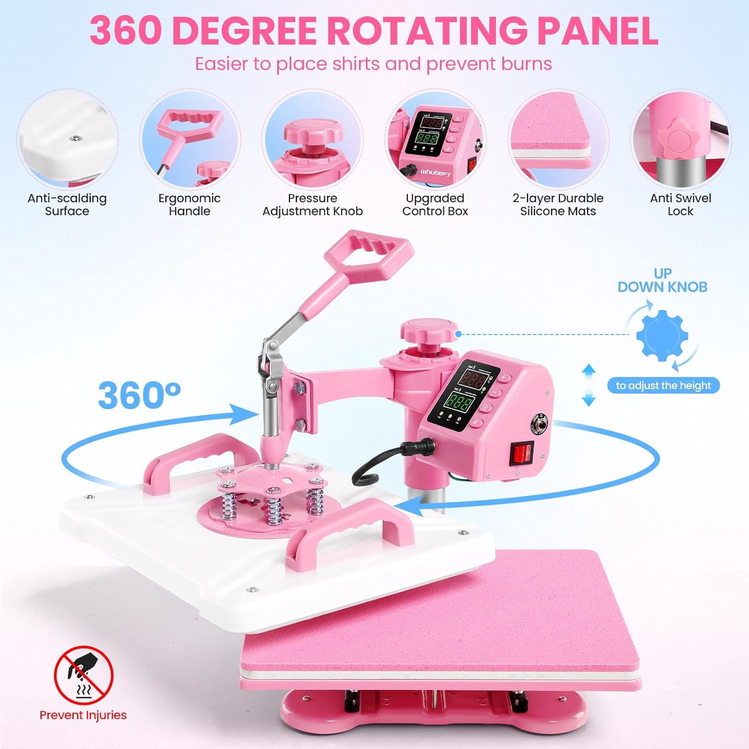 Adnoom 5 in 1 Heat Press Machine Combo,360°Swing Away Sublimation Heat Transfer 15"x12", Digital shirt Press Machine for Hat Cap Mug Plate,Pink