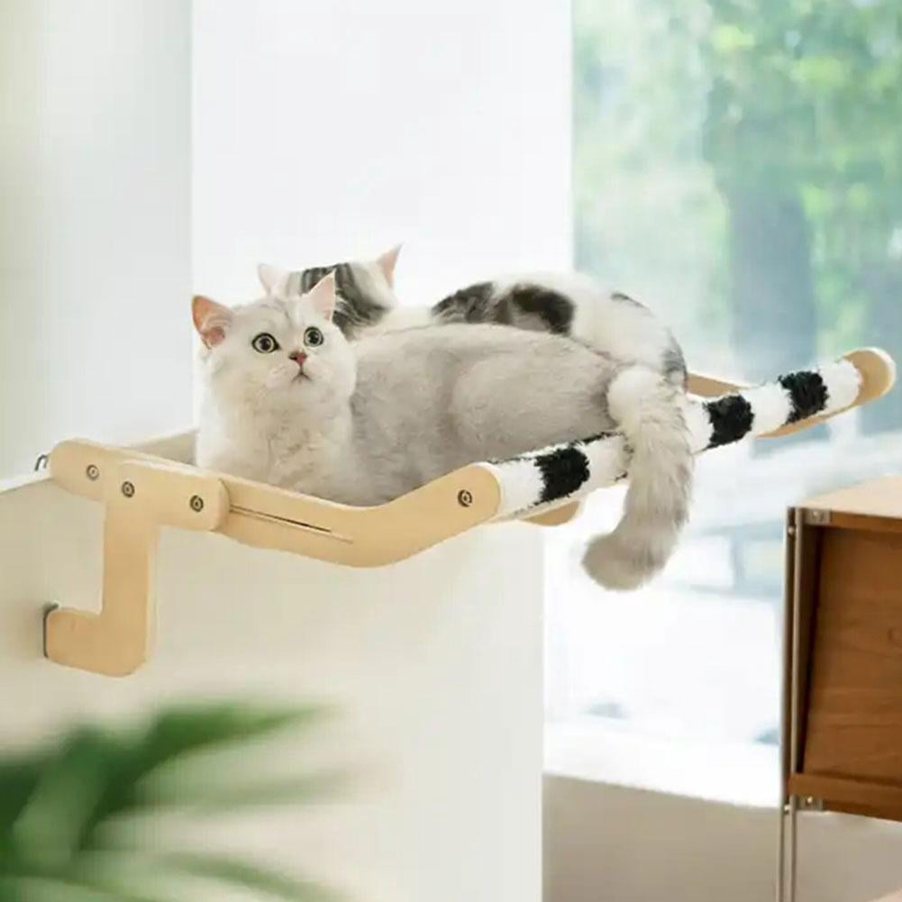 Adjustable Cat Window Perch Hammock with Wooden Board and Cotton Linen Fabric for Multiple Scenarios