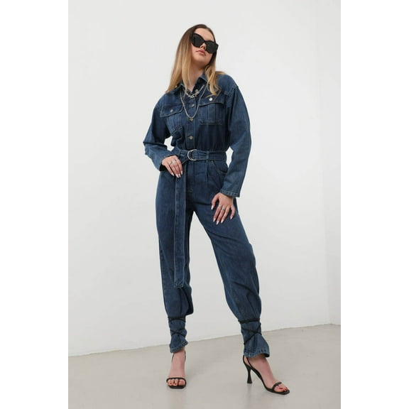 Banny Jeans ® Dark Blue Denim jumpsuits for women Loose Fit Short Sleeve Belted Collared Neck Button down Womens jumpsuits