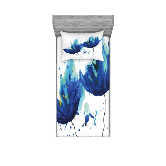 Ambesonne Blue Fitted Sheet & Pillow Sham Set, Watercolor Modern Floral Art, Twin, Pale Blue and Blue