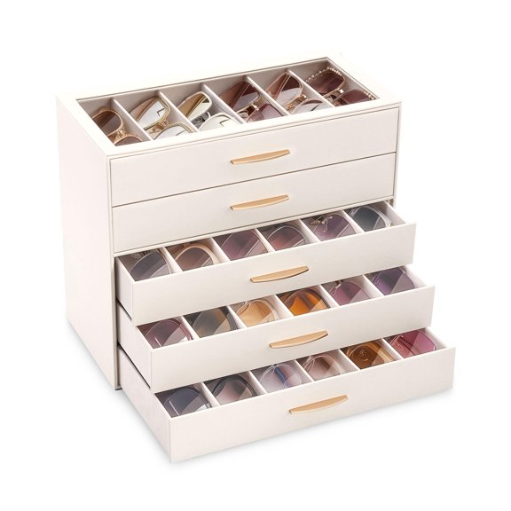 Lolalet Estuche organizador de 30 ranuras para gafas de sol para mujer, caja expositor de 5 niveles con tapa superior transparente, regalo para el Día de la Madre - Crema