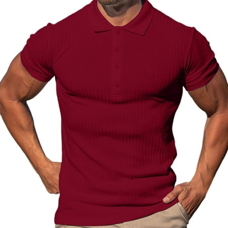 Mens Shirts Under $10 Men s Muscle Button Shirts Cotton Golf Ribbed Knit Soft T-Shirts Solid Collared Knitted Short Sleeve Red XXXXL