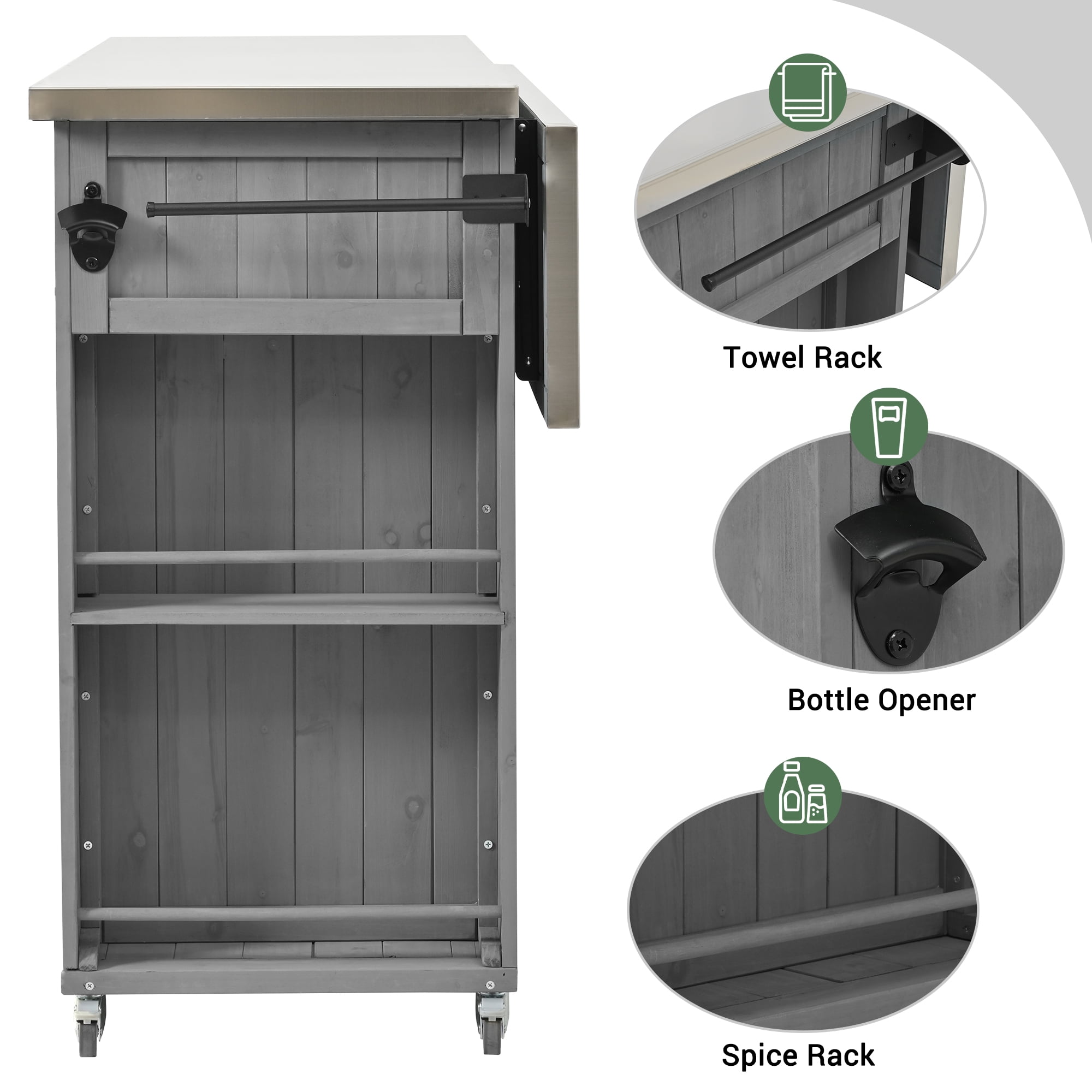 Outdoor Kitchen Cabinet, Fir Wood Furniture with Stainless Steel Top for Patio, Grey