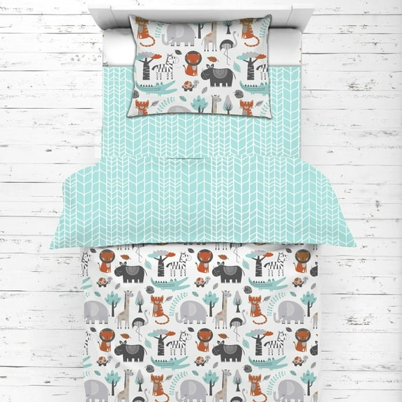 Boys Toddler Bedding/Sheet Set 100% Cotton Percale, Safari Jungle Animals Aqua/Orange/Grey