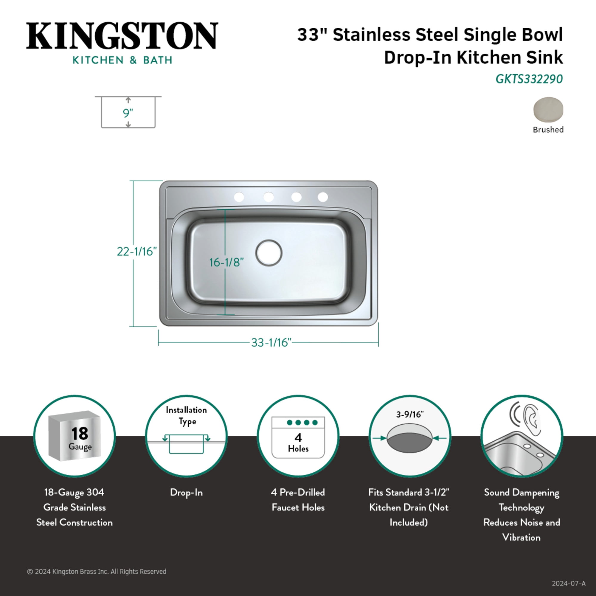 Gourmetier GKTS332290 Studio 33" Stainless Steel Self-Rimming Single Bowl Drop-In Kitchen Sink, Brushed