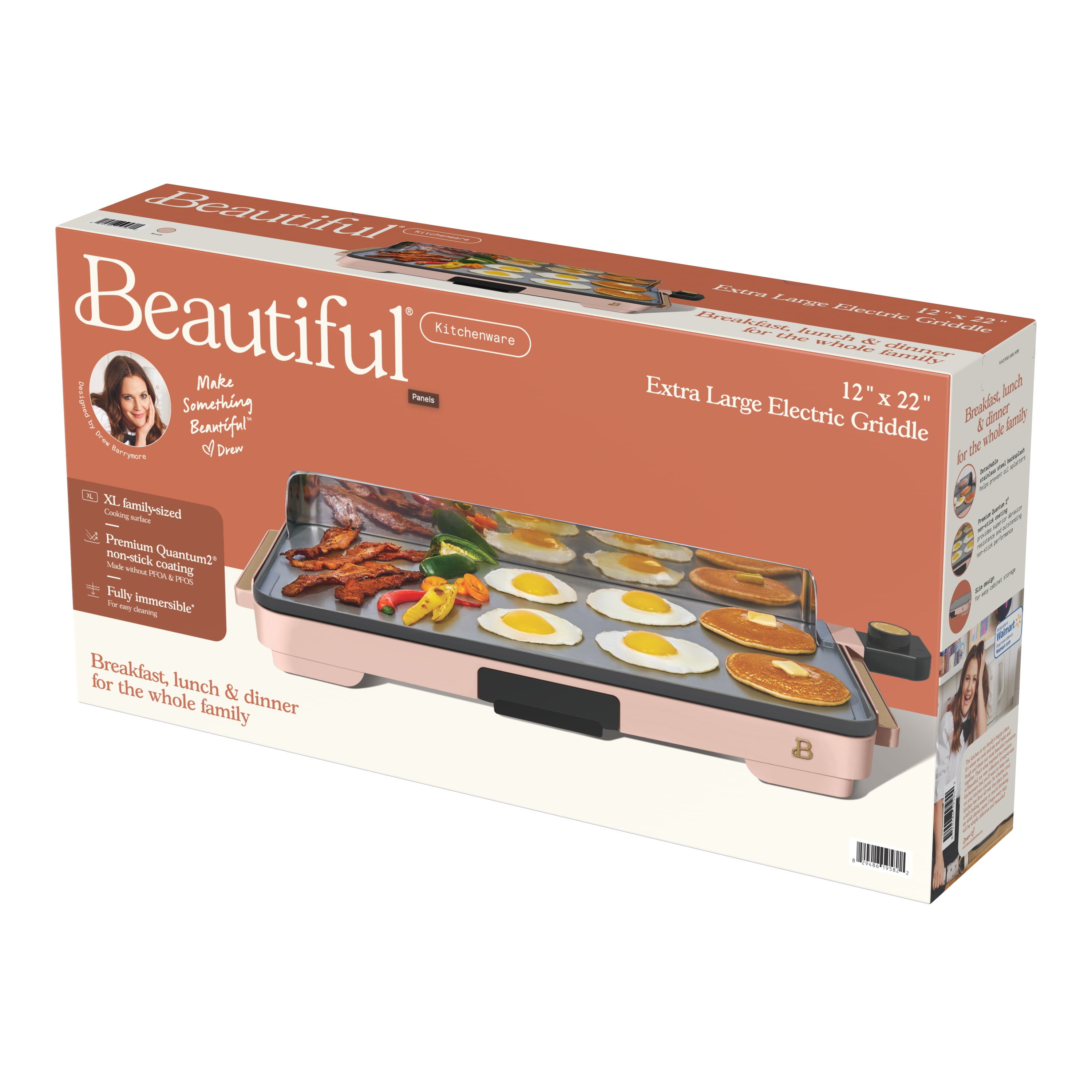 Beautiful XL Electric Griddle 12" x 22," Non-stick, Rose by Drew Barrymore