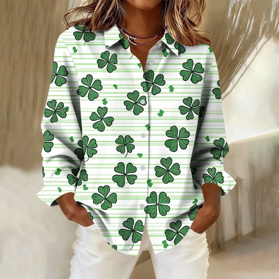 AUNVITO Women's St. Patrick's Day Shirt Long Sleeve Collared Button Down with Holiday Print Casual and Festive Style