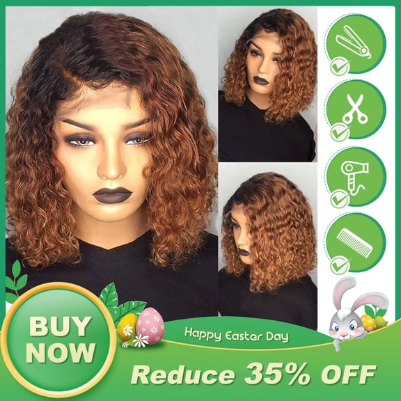 DAPRZIY Short Curly Honey Blonde Bob Wig Lace Front Human Hair Wigs For Women Light Brown
