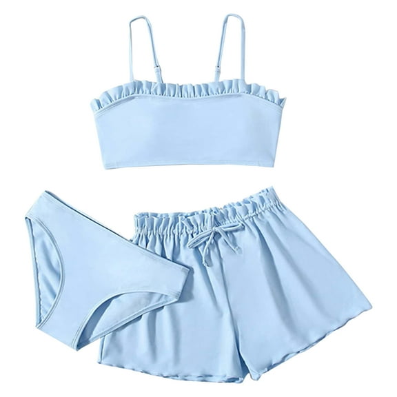 Girls Swimsuit Toddler Girl's 3 Piece Swimsuits Solid Bikini Ruffle Bathing Suit Briefs Girls Bikini Swimwear Set Bikinis for Teen Girls Blue 14-16 Years