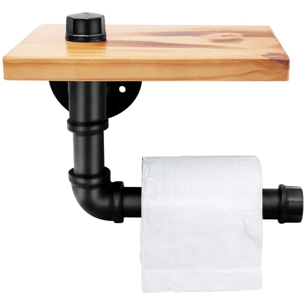 Estantes de rejilla de hierro forjado de madera industrial - Estante de baño de pared de hierro forjado en forma de L industrial americano, arte de hierro retro con pipa de Feng Shui