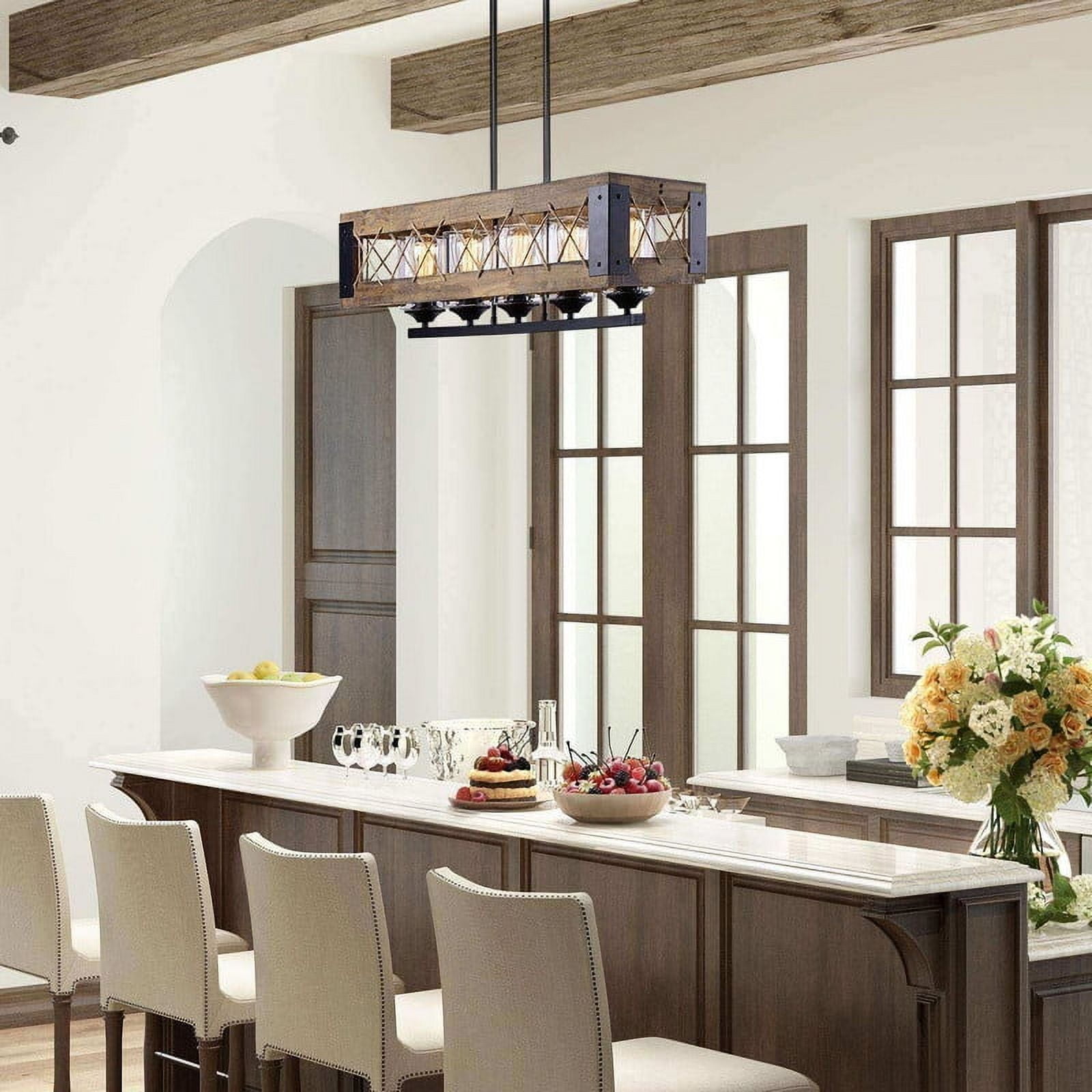 LNC 5-Light Farmhouse Rectangular Chandelier, Wood and Matte Black Island Light with Glasss
