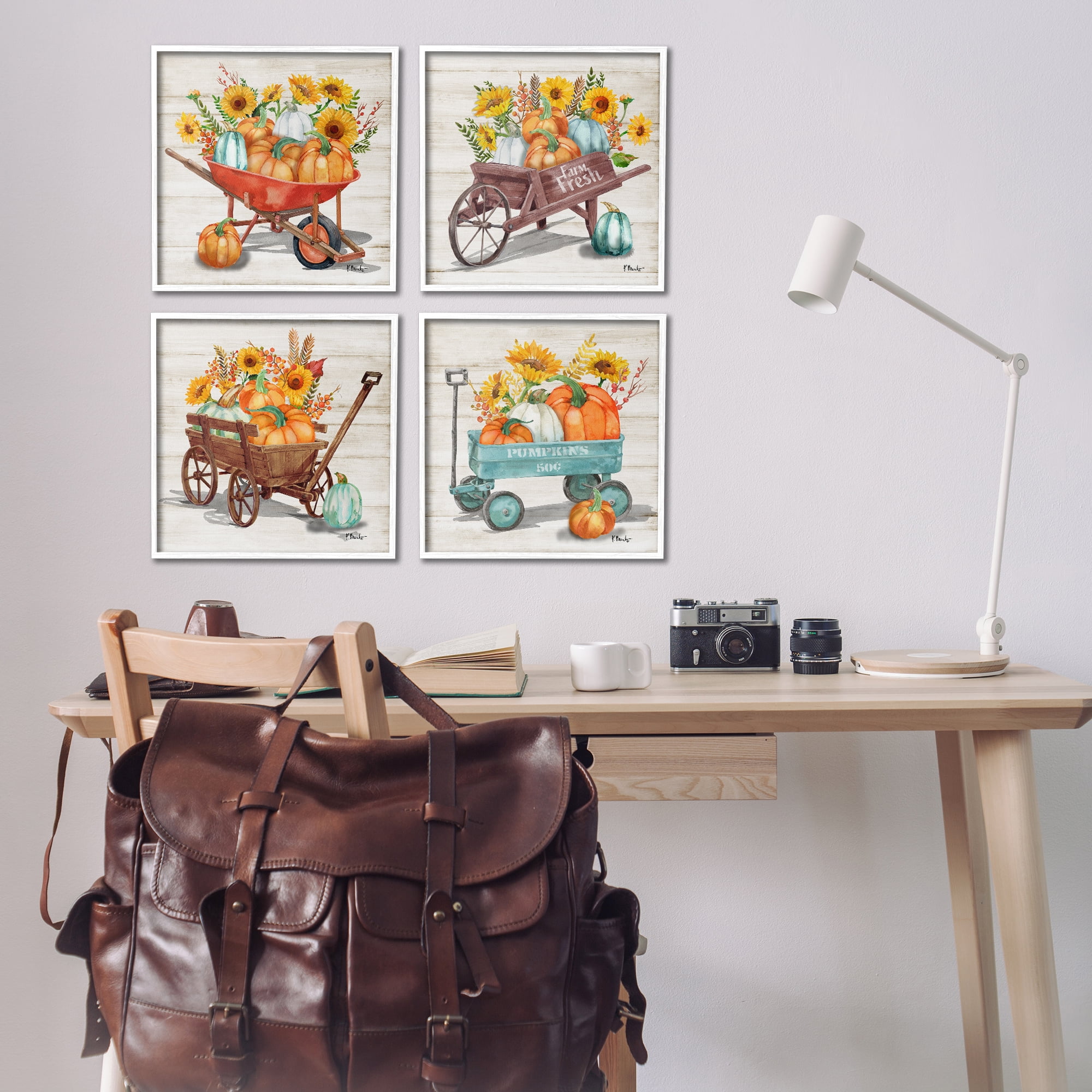 Stupell Industries Autumn Harvest Wagons Botanical & Floral Painting White Framed Art Prints Wall Art, 17 x 17, Set of 4