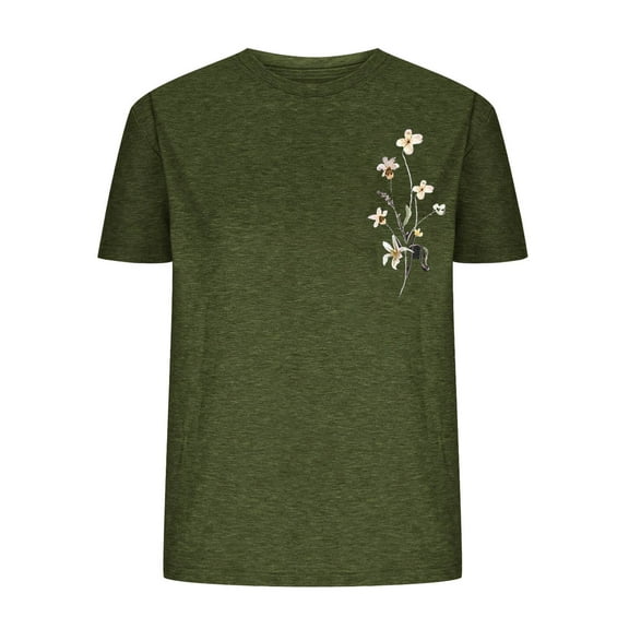 Wildflowers Graphic T Shirt for Women Casual Short Sleeve Loose Tops Summer Beach Trendy Floral Classic Blouses (XL, Army Green)
