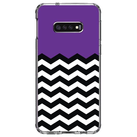 DistinctInk Clear Shockproof Hybrid Case for Samsung Galaxy S10e (5.8" Screen) - TPU Bumper, Acrylic Back, Tempered Glass Screen Protector - Black White Purple Chevron - Black & White Stripes Pattern