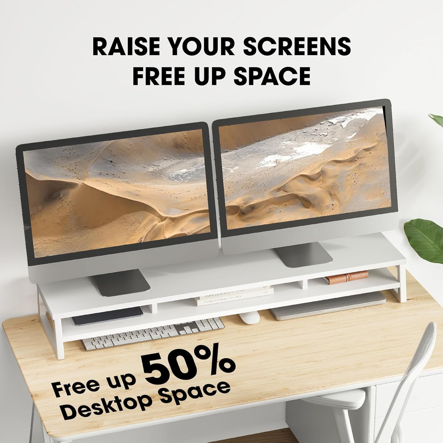 Dual Monitor Stand for Desk, 42.5in Large Monitor Riser for 2 Monitors, 2 Tier Computer Office Desk Top Shelf, Desktop Storage Stand for Laptop, PC, Computer, Printer