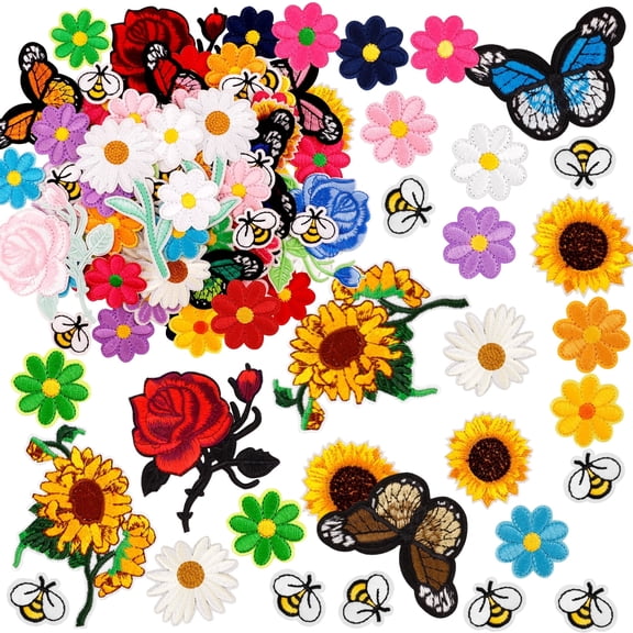 JINYINGHOD 72 Pcs Embroidered Iron On Patches for Clothes, Flower Butterfly Patches Set, Embroidered Patches Applique Patches DIY Crafts for clothes Hats