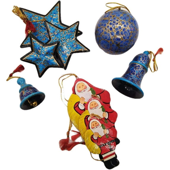 India Meets India Christmas Handicraft Ornaments New Year Birthday Decorations Ball, Bells, Stars and Santa Set, Made by Awarded Indian Artisans (Blue-1)